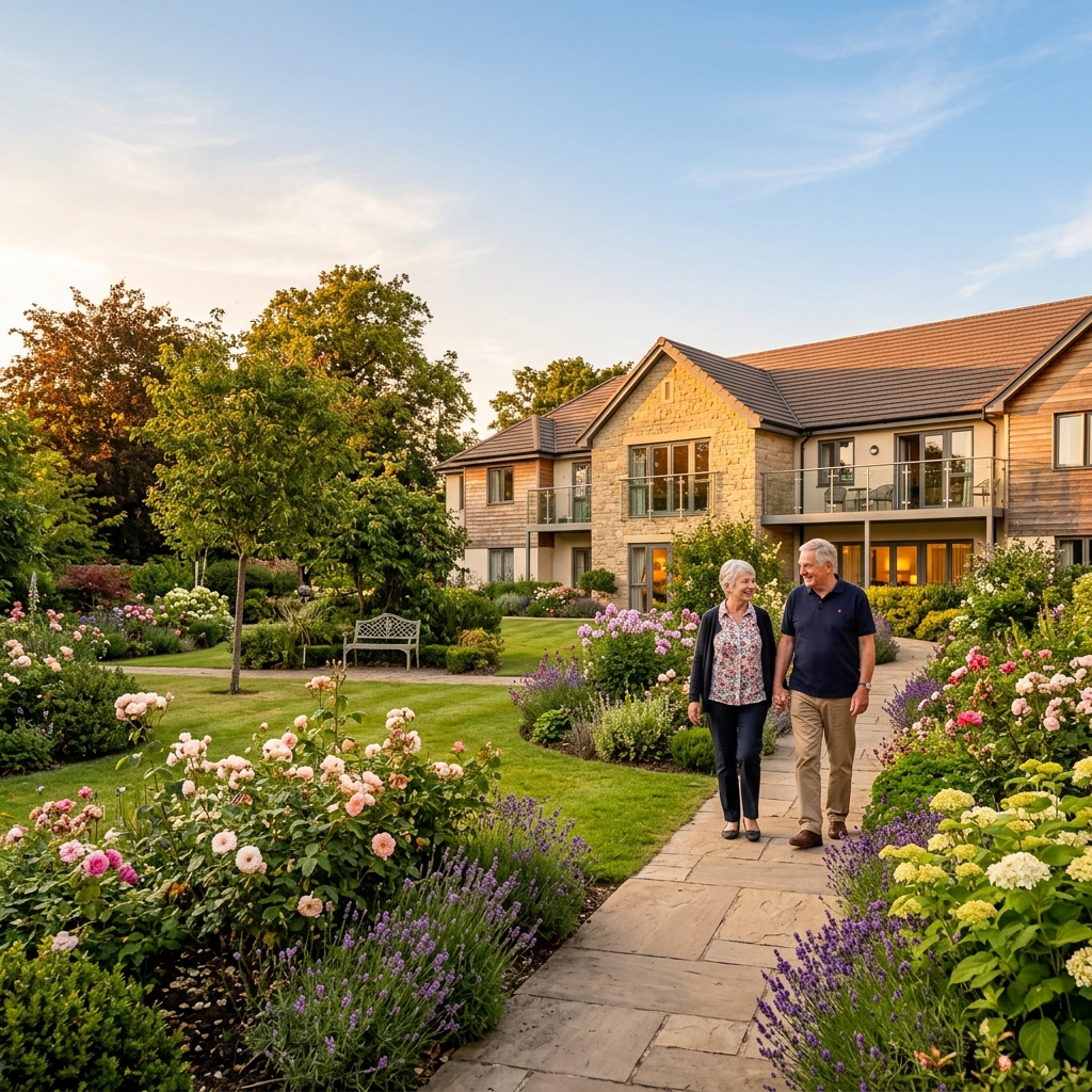 Elderly couple walking together through the garden of a senior care facility.