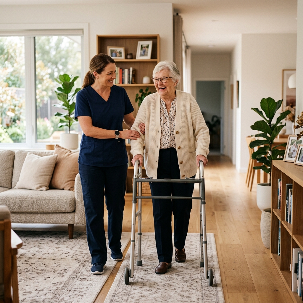 Professional caregiver assisting elderly woman walking