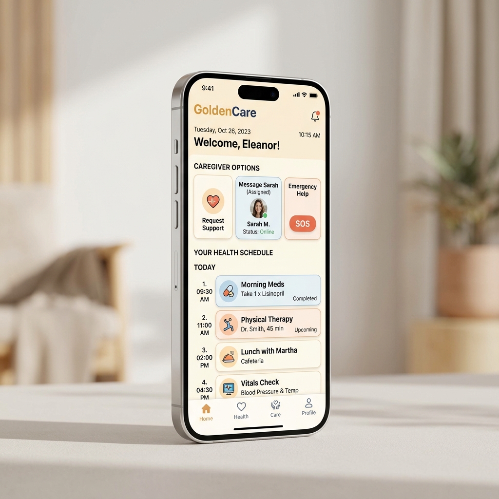 GoldenCare Mobile App Dashboard Mockup